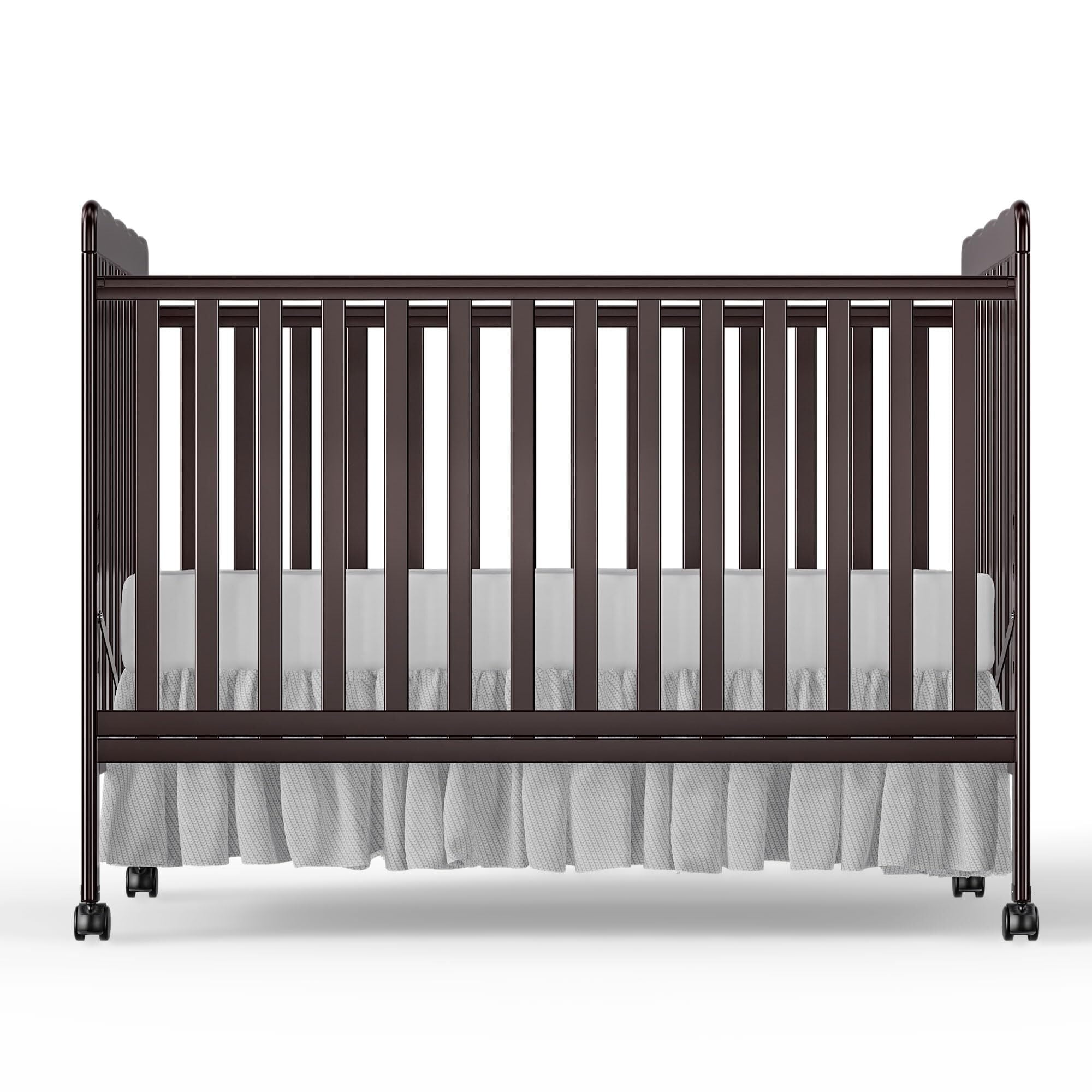 Baby Convertible Crib 3 In 1, Converts from Baby Crib to Toddler Bed, New Zealand Pinewood Baby Bed with Locking Wheels and Teething Rail, Crib with 4 Height Adjustment and Non Toxic Finish, Espresso