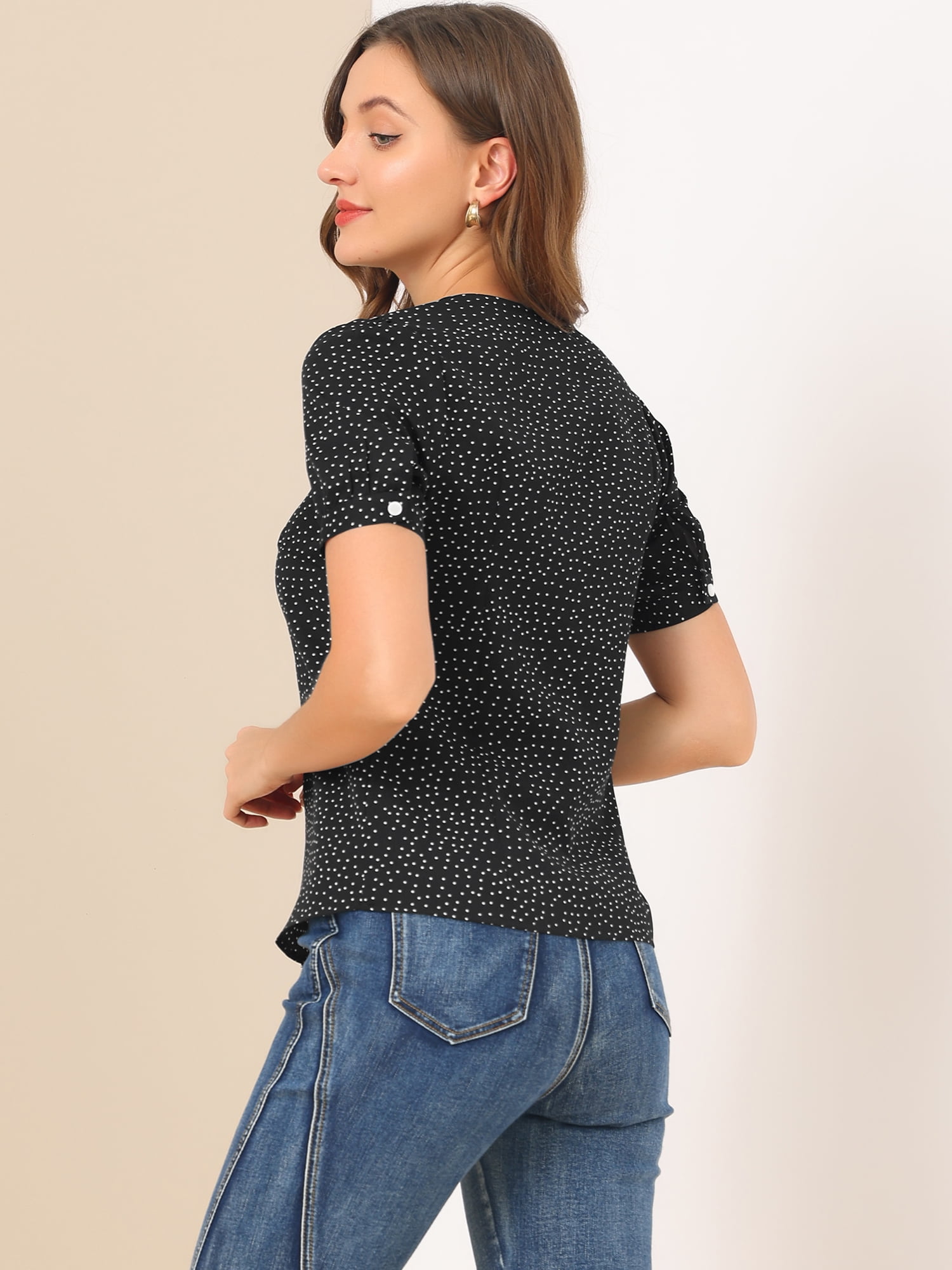 DARING DIVA Women's Polka Dots Peter Pan Collar Puff Sleeve Shirt XL Black