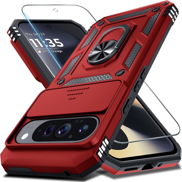 KOMI Case Compatible with Google Pixel 9 Pro XL Built in Slide Camera Lens Cover+Screen Protector+Finger Ring Holder Kickstand,Heavy Duty Shockproof Full Body Protective Phone Cover, Red