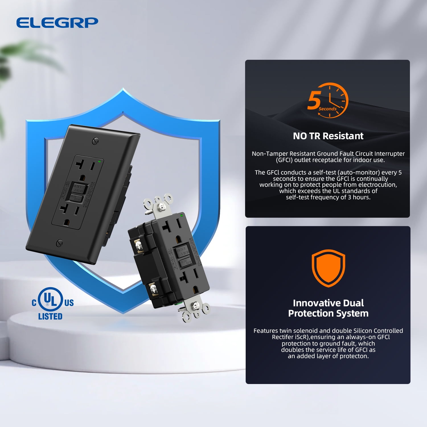 ELEGRP GFCI Outlet, 20 Amp Self-Test GFCI Electrical Outlet, No Tamper Resistant GFCI Receptacle, Wall Plate included, UL Listed, Black 3PC