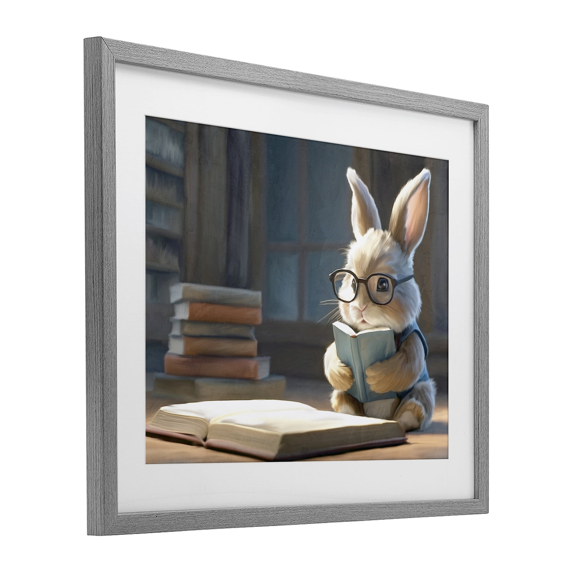 Stupell Industries Bookish Bunny at Desk Gray Framed Print Under Glass, design by Kim Allen