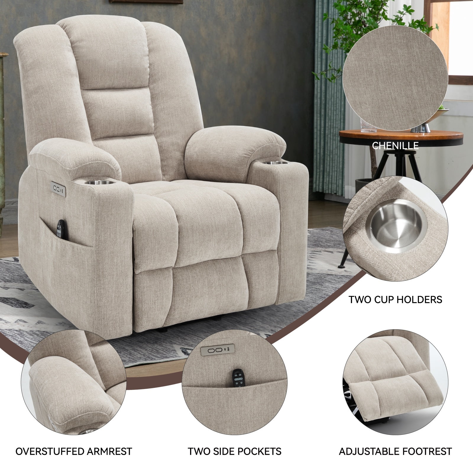 Power Lift Recliner Chair with Massage and Heat for Elderly, Segmart Overstuffed Wide Recliners, Heavy Duty Motion Mechanism with USB and Type C Ports, 2 Steel Cup Holders, Beige