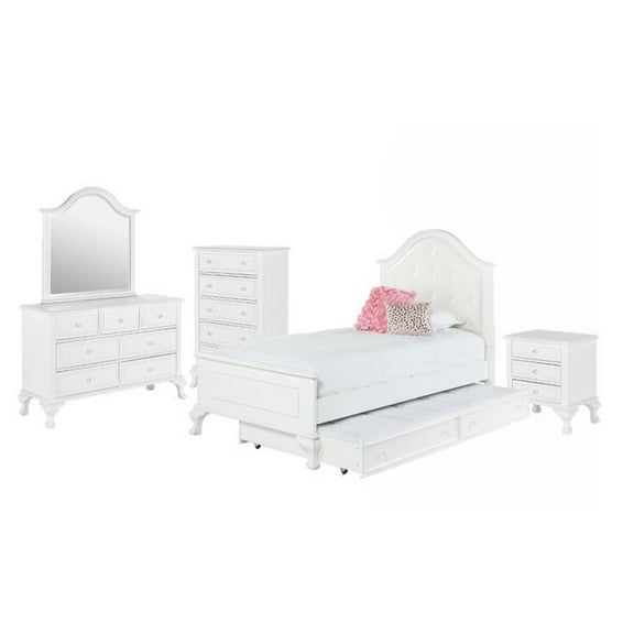 Bowery Hill Button Tufted Faux Leather 5 Piece Twin Bedroom Set in White