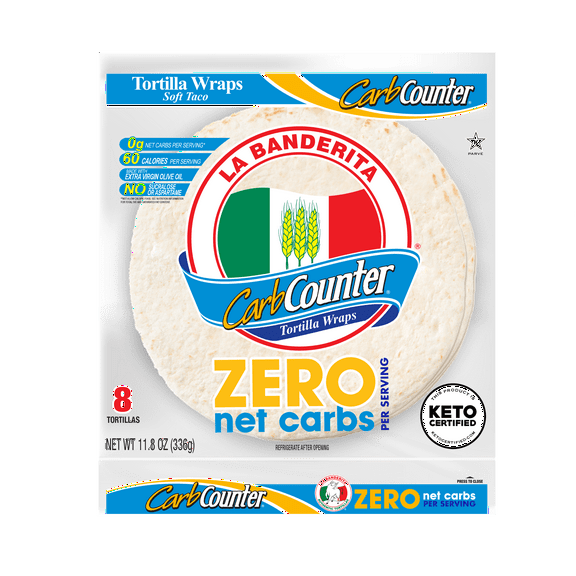 La Banderita Carb Counter Zero Net Carbs Soft Taco Flour Tortillas, 11.8 oz, 8 Count