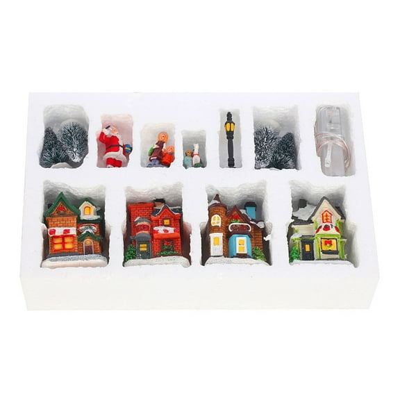 10pcs/set Christmas Santa House Tiny Scene Set LED Light Up Tree Shop Village Decorations Figurines