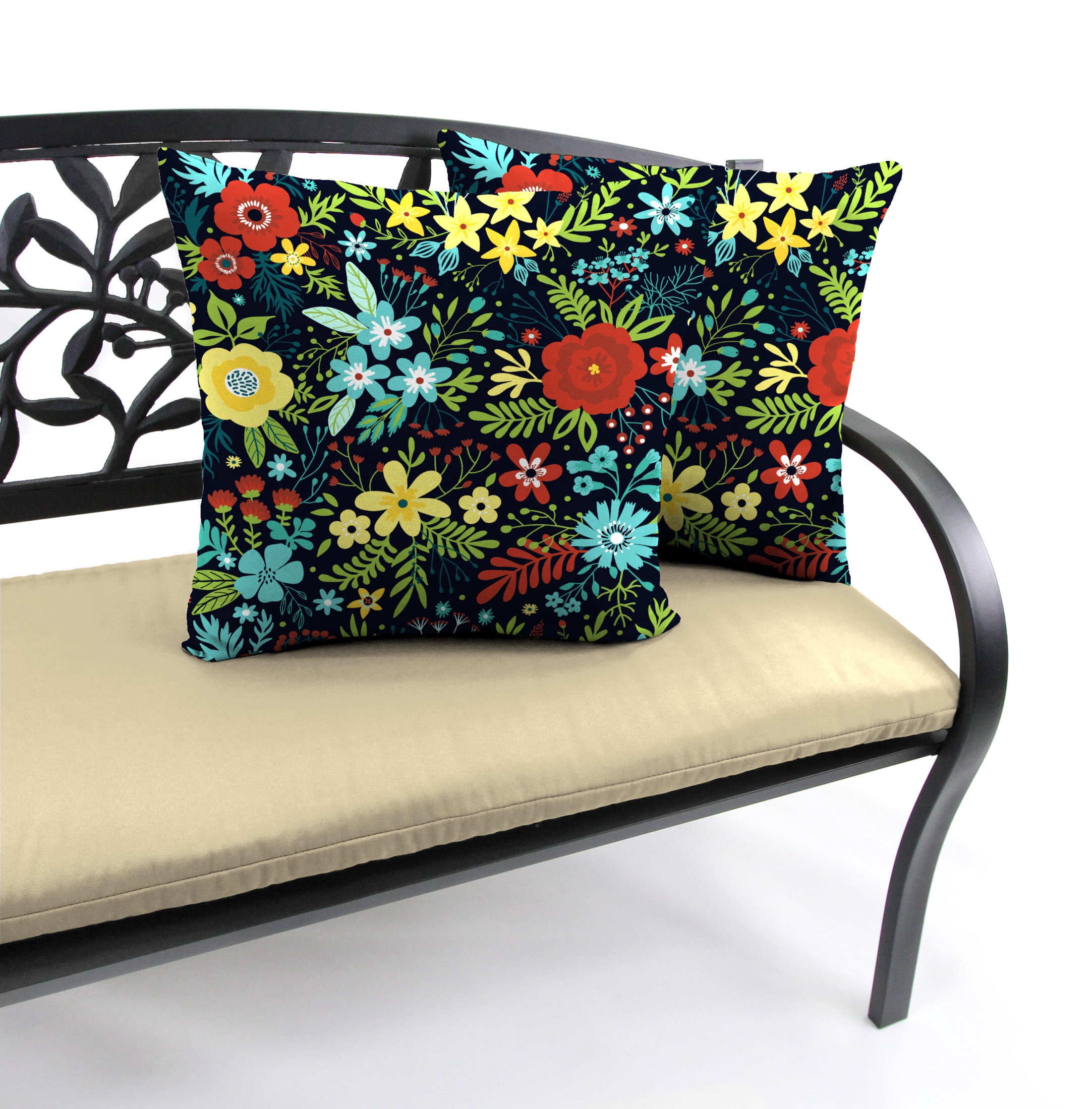 Jordan Manufacturing 22" x 22" Black Floral Black Floral Square Outdoor Throw Pillow (2 Pack)