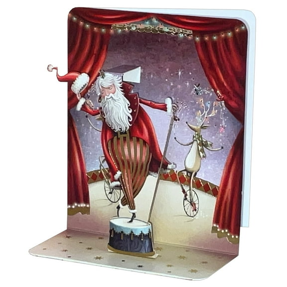 Pictura Santa and Reindeer on Performing on Stage 4 3/4 Inches Tall 3D Pop-Up Christmas Card