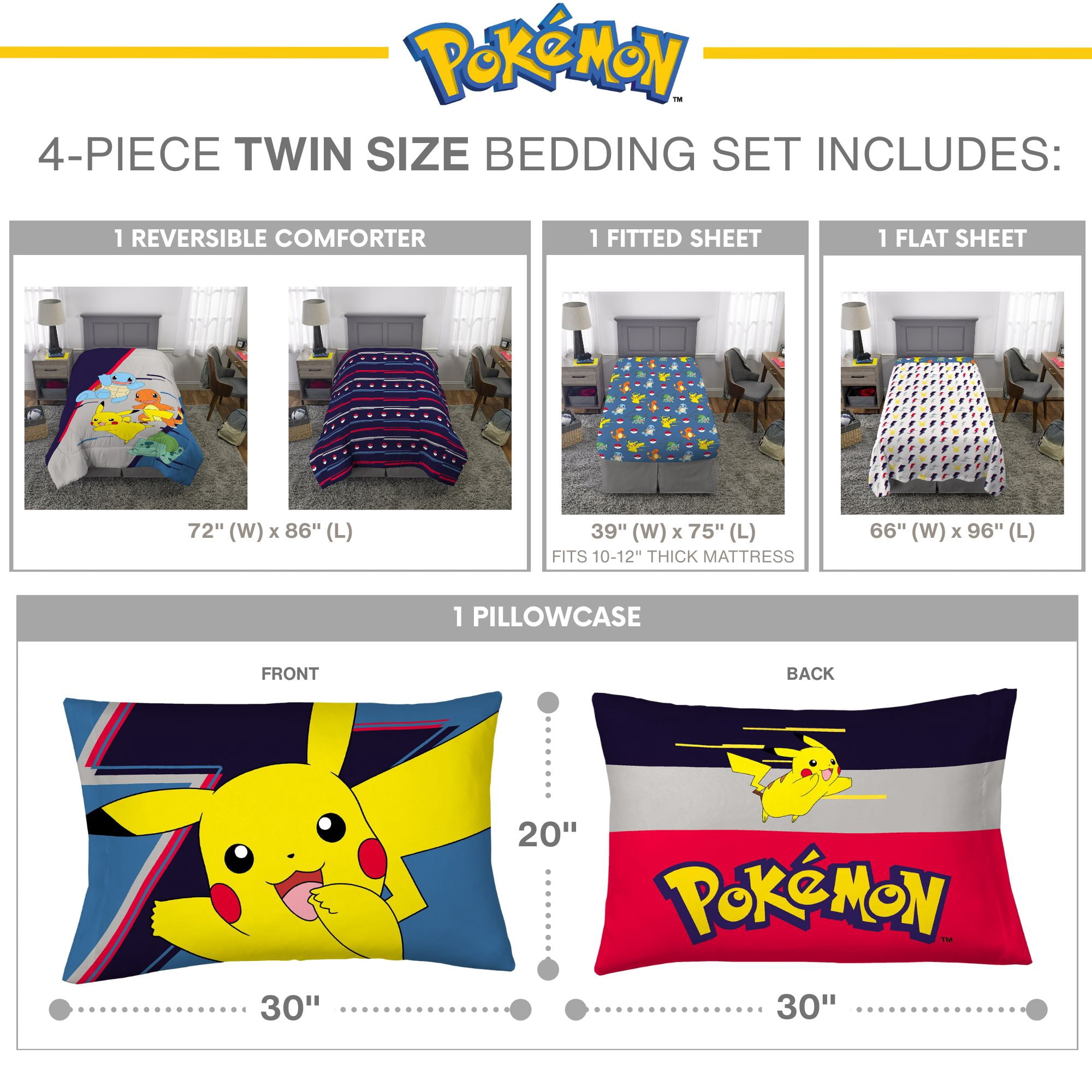 Pokemon Kids 4 Piece Gray Blue Reversible Comforter, Bed in a Bag, Twin