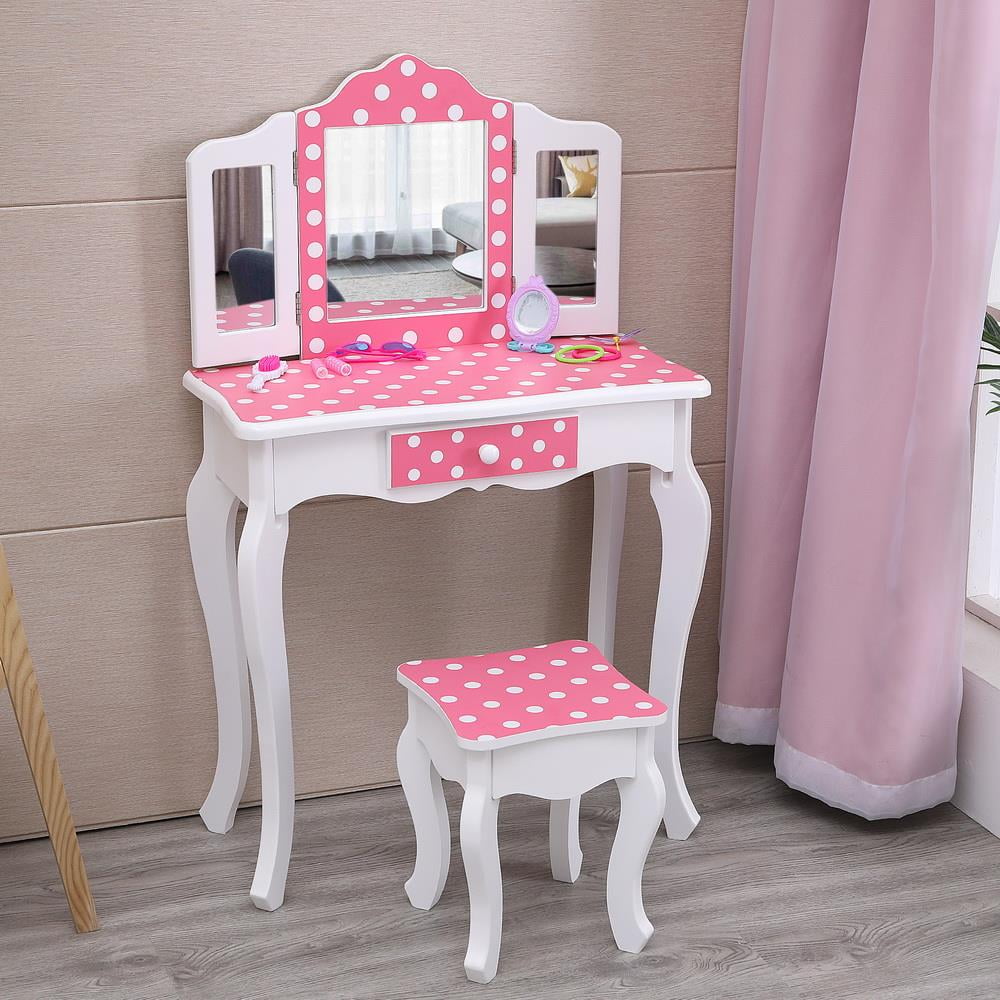 FCH Kids Vanity Table and Stool Set with 3 Mirrors, Pretend Play Princess Makeup Dressing Table, Children's Furniture