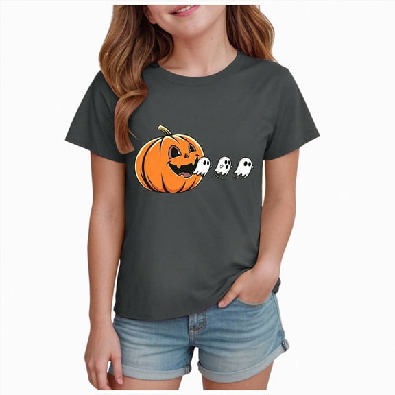 CAICJ98 Toddler Boy Girl Halloween Shirt Pumpkin Ghost Tee Shirt Kids Short Sleeve Fall Tops Halloween Shirt Boy Girl (Grey,5-6 Years)