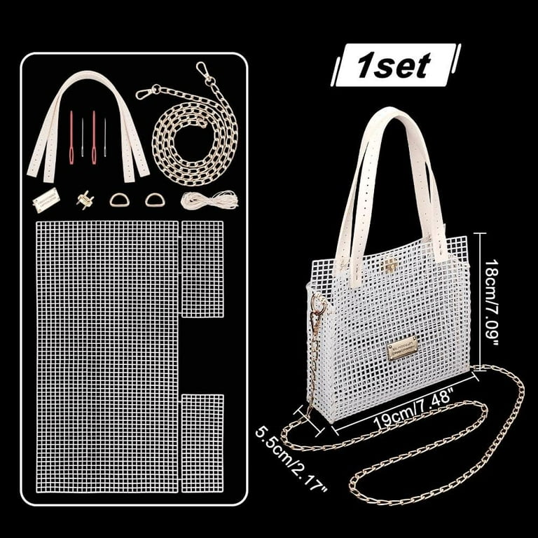 WADORN DIY Breien Gehaakte Handtas Kits, Handgemaakte Geweven Tas Maken Kruissteek Mesh Plastic Canvas Lakens Set Handgebreide Craft Schoudertassen Naaldpunt Kit met Lint Materialen, Zwart