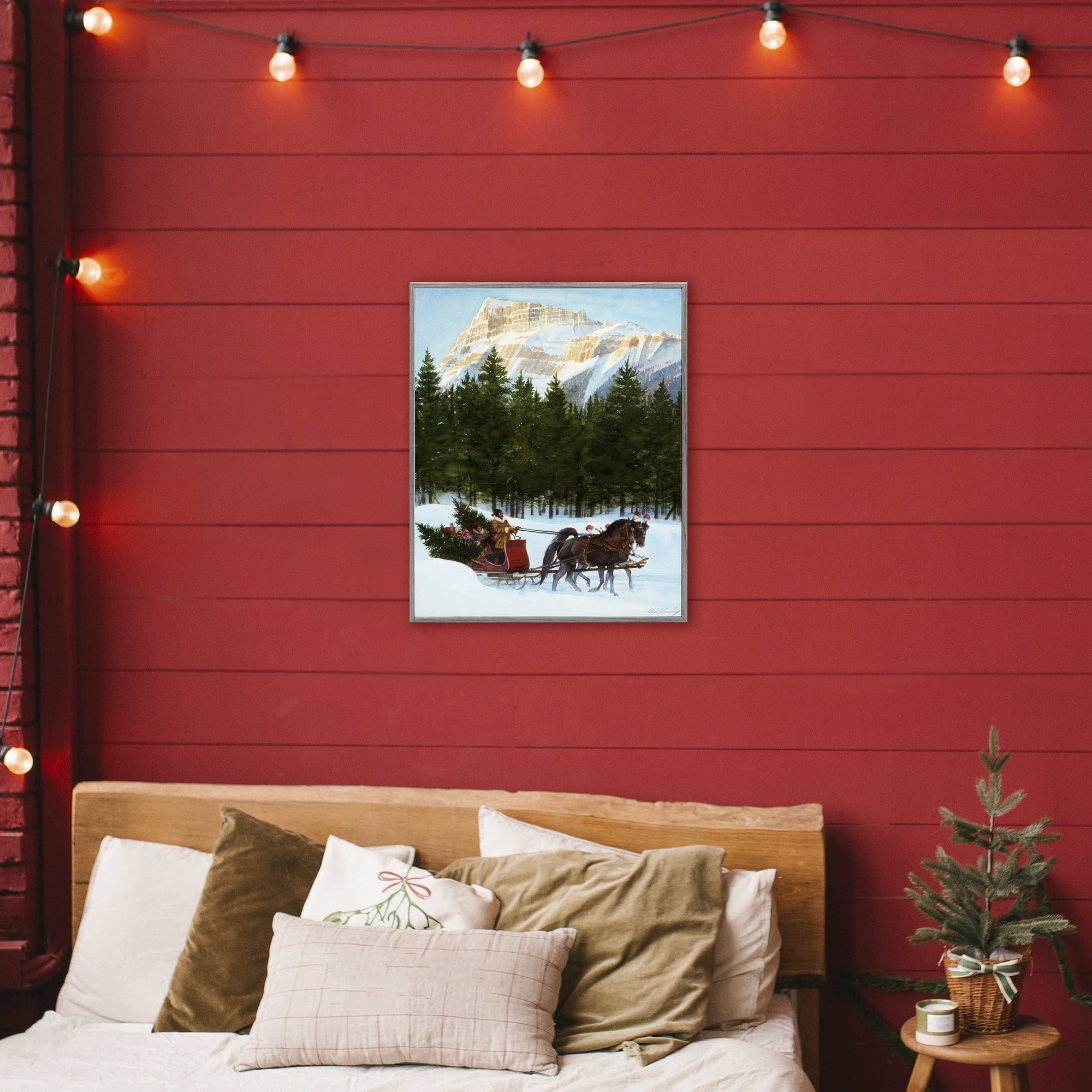 Sleigh Ride Carrying Trees Gray Framed Giclee Art, design by Wind River Studios