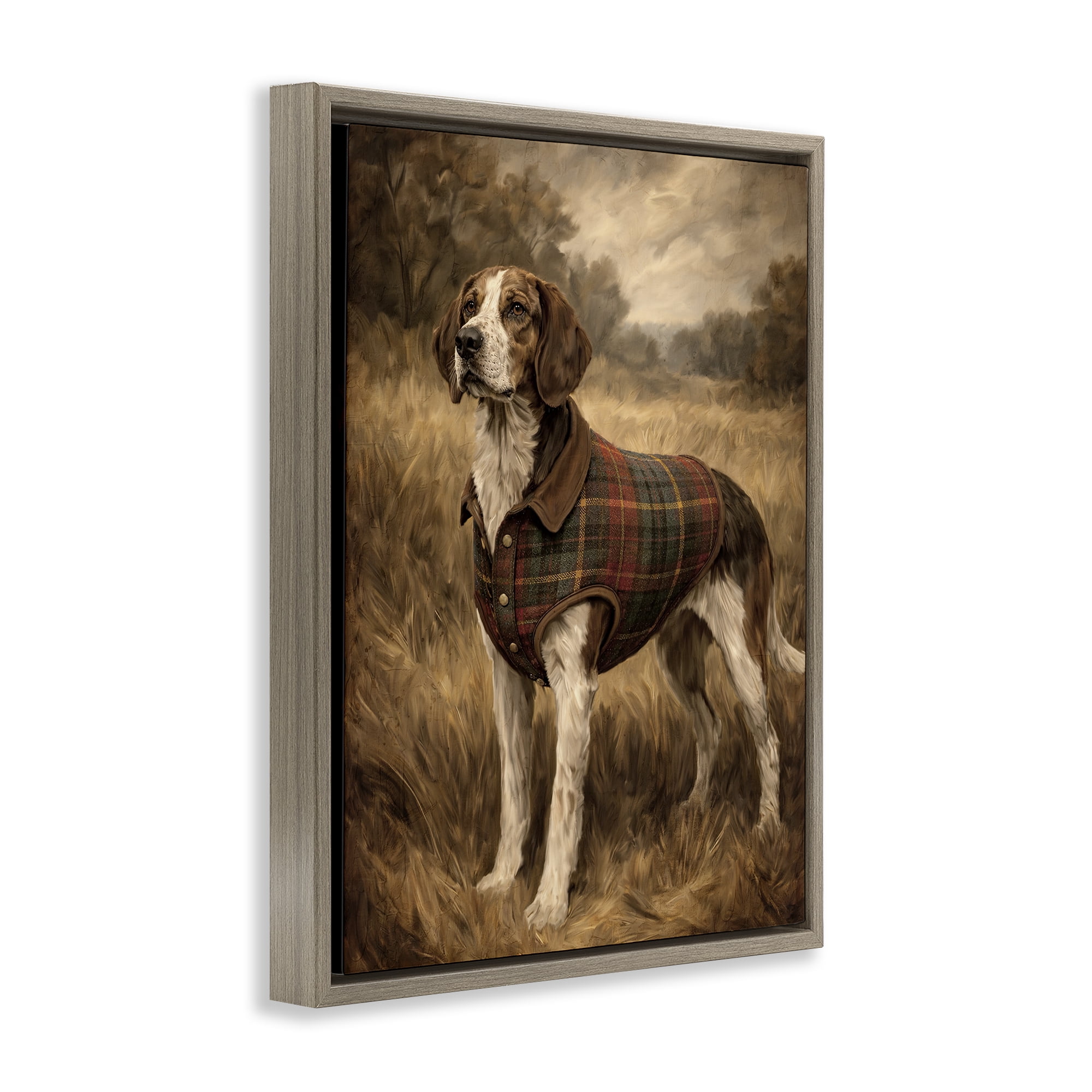 Stupell Industries Hunting Days Plaid Jacket Hound Brown Framed Floater Canvas Wall Art, design by Kim Allen