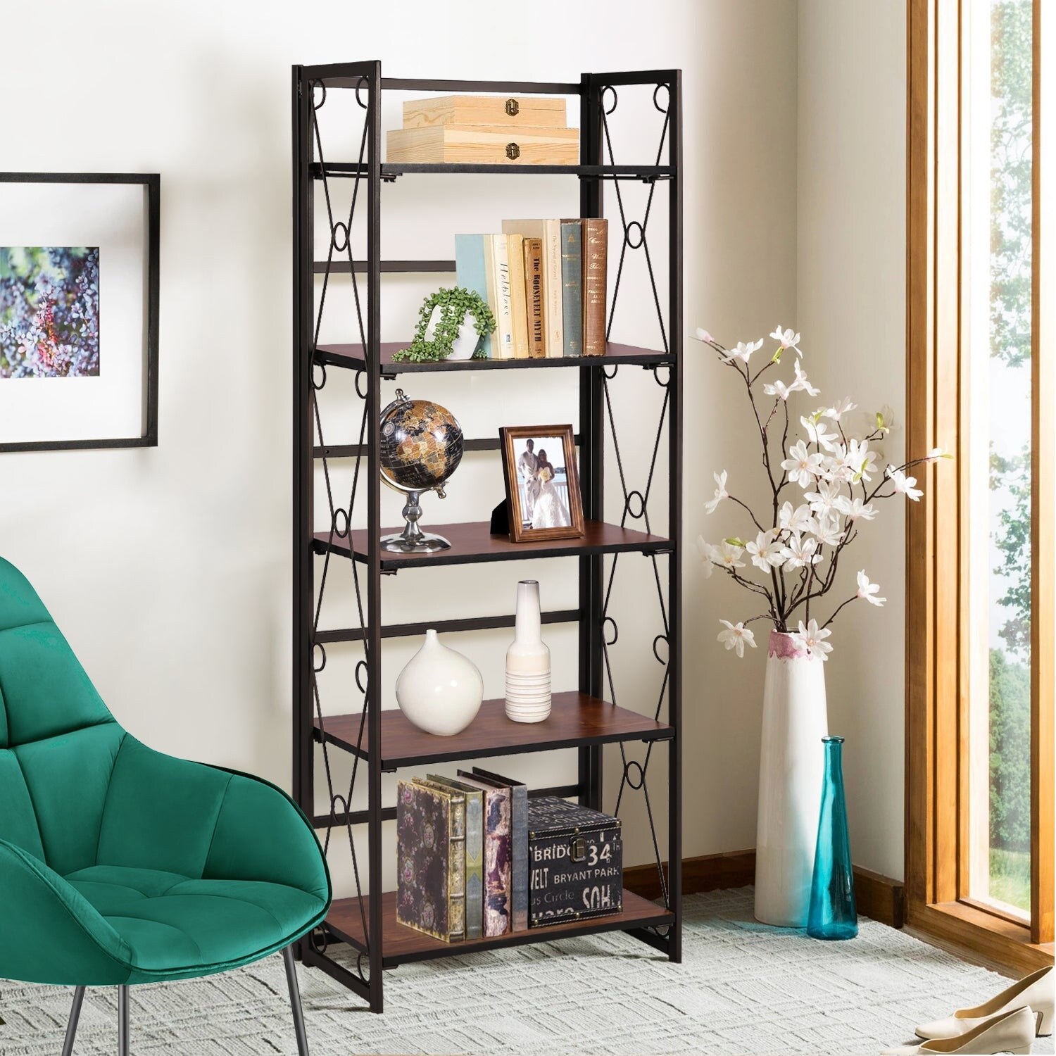5Tier Foldable Bookcase, Industrial Bookshelf Storage Display Rack