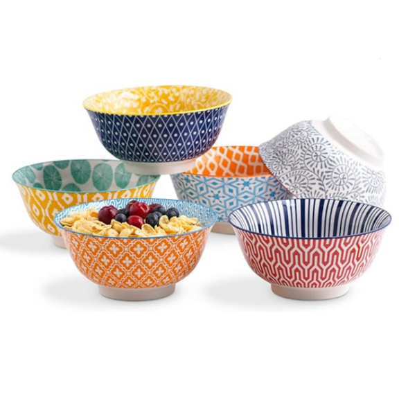 Porcelain 20oz Cereal Bowl Set - Set of 6, 6 inch Soup Bowls, Ceramic bowls for Cereal, Soup, Salad and Pasta, Colorful bowls