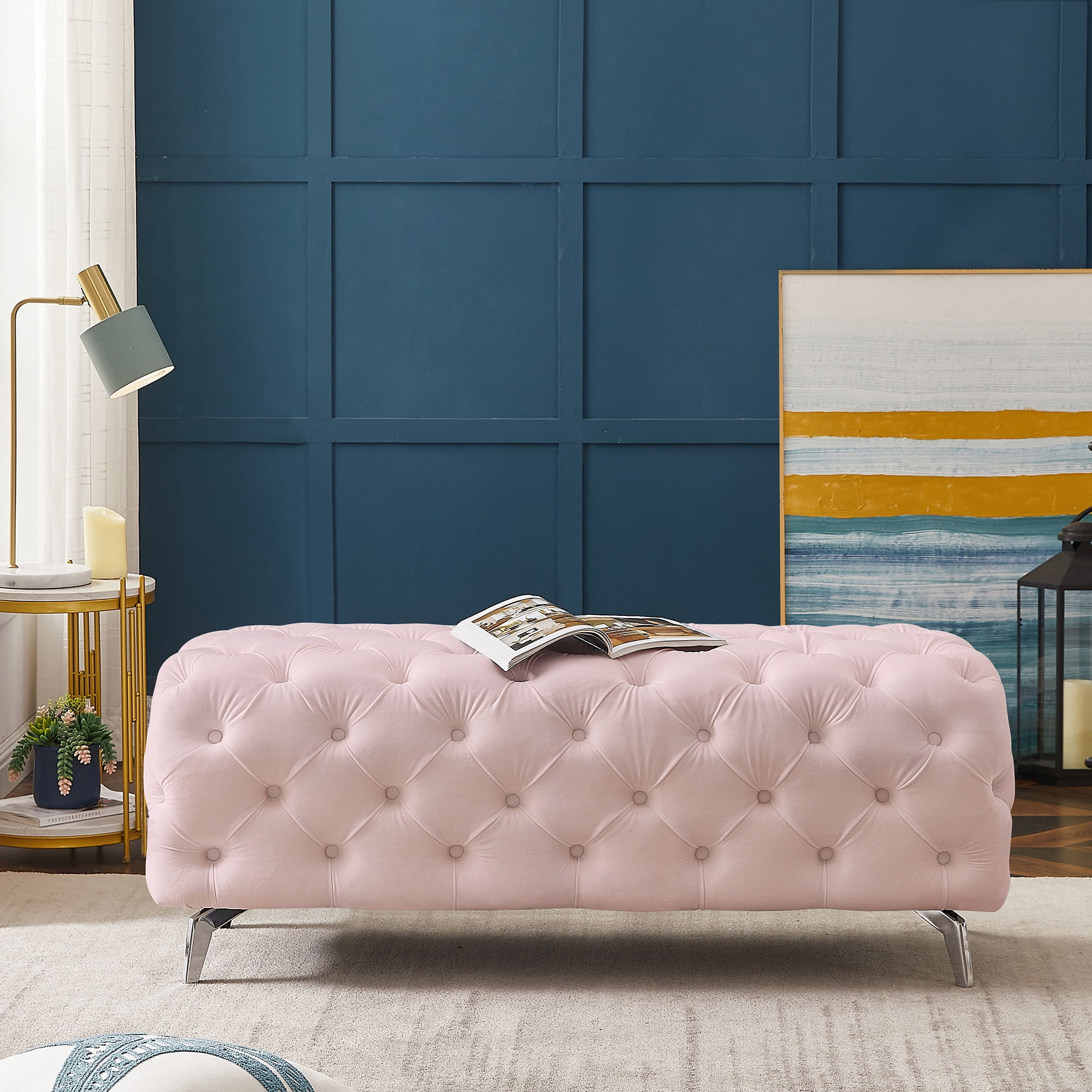 Kepooman 51 Inches Modern Velvet Bedroom Bench, Button-Tufted Upholstered Ottoman End of Bed Bench for Entryway Living Room Bedroom, Pink Kepooman 51 Inches Modern Velvet Bedroom Bench, Button-Tufted Upholstered Ottoman End of Bed Bench for Entryway Living Room Bedroom, Pink