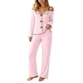 thumbnail image 2 of sdhkgrrt Women's 2 Piece Matching Pajama Set Off Shoulder Long Sleeve Top Elastic Waisted Wide Leg Pants Solid Comfy Casual Lounge Set Soft Loose Fit Tracksuit, Pink S, 2 of 9