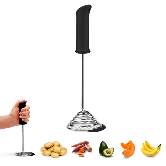 Sueño de granja de sueños | Triturador de patatas y verduras de acero inoxidable con una sola mano con agarre suave y raspador de cuencos | Negro
