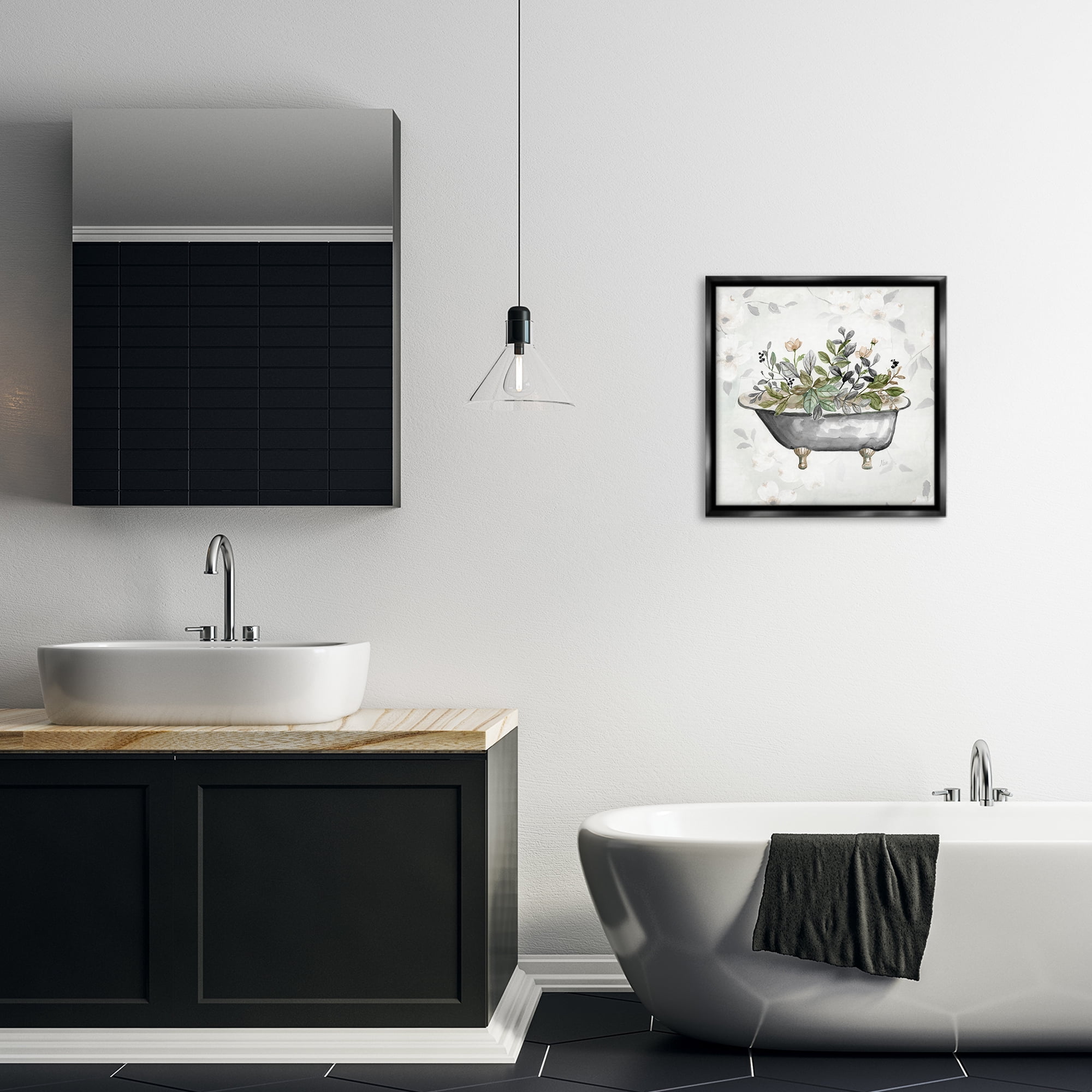 Stupell Industries Leaf Patterned Tub Typography Painting Black Floater Framed Canvas Art Print Wall Art, 18 x 18