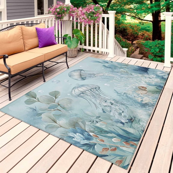 Blue Coastal Jellyfish Outdoor Rug 3x5 Ft, Non Slip Washable Area Rug, Ocean Beach Eucalyptus Leaves Coral Patio Rugs Carpet Runner, Large Floor Mat for Indoor/Outdoor Deck Porch Camping