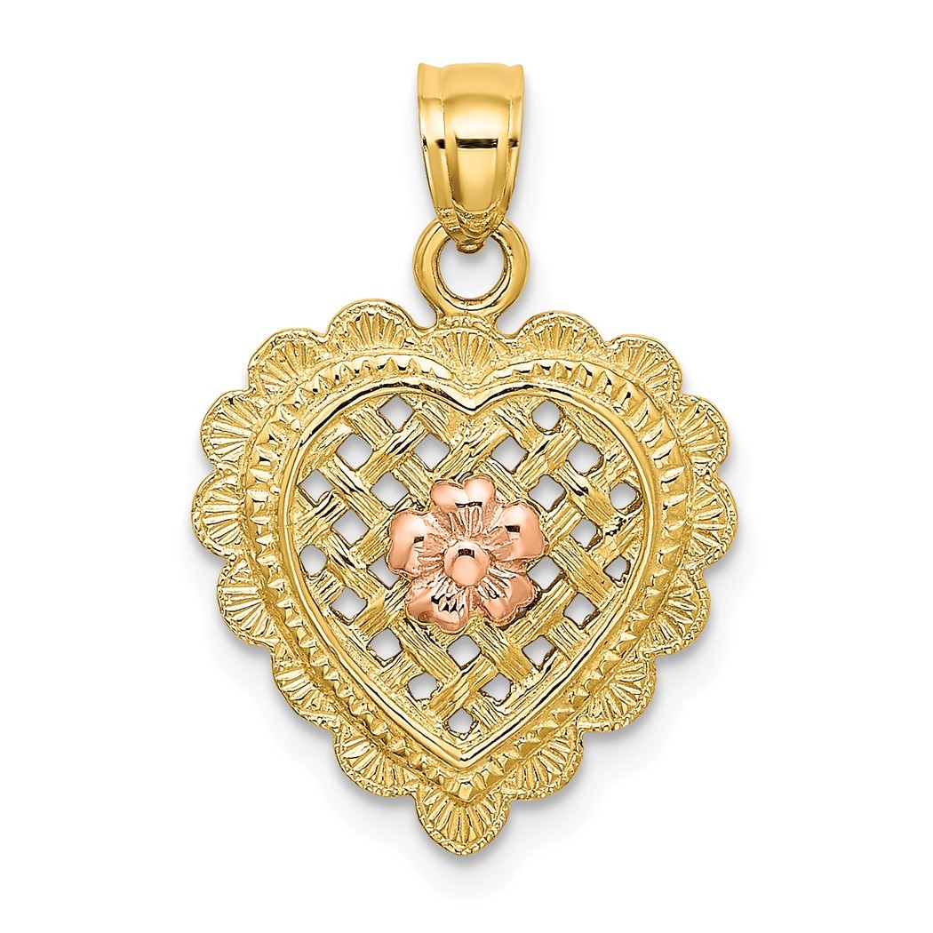 14K Two-tone Polished Nana w//Flower on Heart Pendant