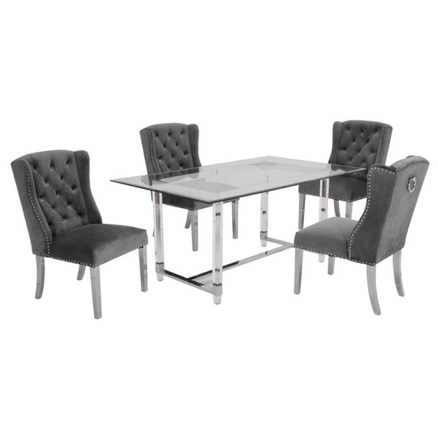 5pc. 68 "x 40" Ensemble de Dînette en Verre avec 4 Chaises et Acier Inoxydable Argenté