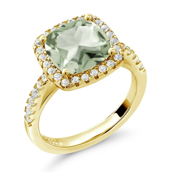 Gem Stone King 2.55 Ct Green Prasiolite White Created Sapphire 18K Yellow Gold Plated Silver Ring