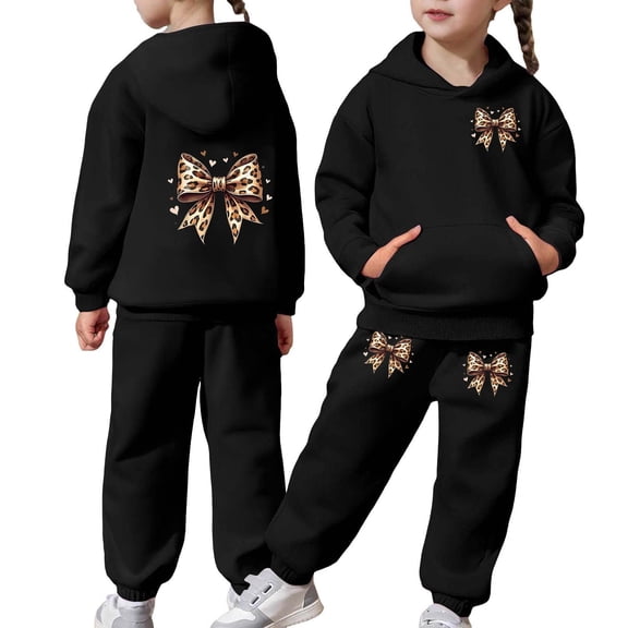 Girls Sweatsuit Bowknot Print Hoodie Jogger Soft Party Loungewear Comfy Play Casual Kids 2 Piece Outfits Black 2-3 Y