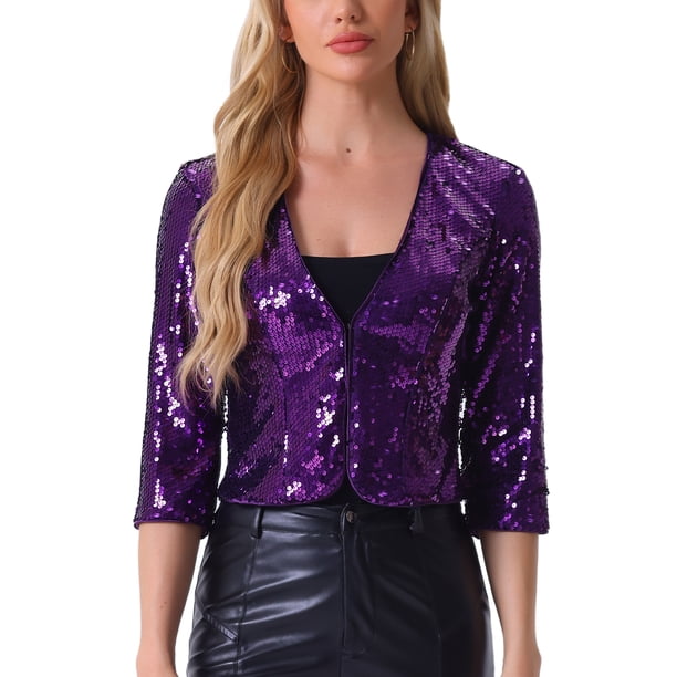 CHAQUETA CORTA CON BRILLO PARA MUJERES INSPIRE CHIC, CON LENTEJUELAS, MANGA 3/4 Y ABIERTO EN FRONTAL, COLOR PÚRPURA OSCURO
