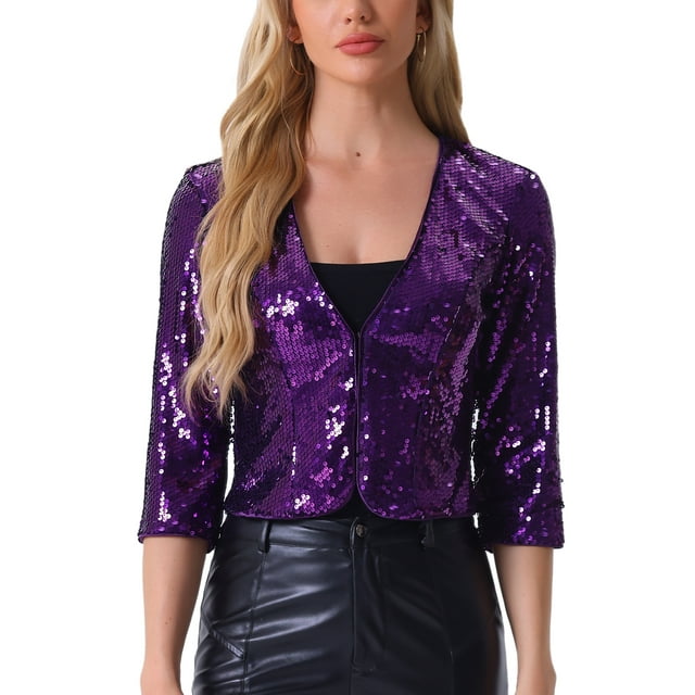 Inspire Chic Chaqueta Corto Brillante de Manga 3/4 Abierta con Lentejuelas para Mujeres S Color Púrpura Oscuro