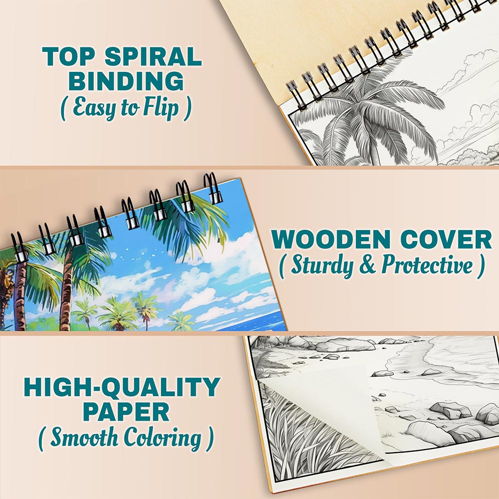 Beach Bliss Coloring Book Spiral Bound For Adults, A5 Wooden Cover, 30 Dreamy Coloring Pages in Idyllic Beach and Seaside Landscapes for Stress Relief and Relaxation