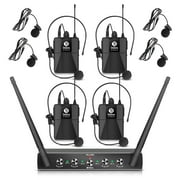 Debra Audio Pro UHF 4 Channel Wireless Microphone System with Cordless Handheld Lavalier Headset Mics, Metal Receiver, Ideal for Karaoke Church Party (with 4 Bodypack (B))