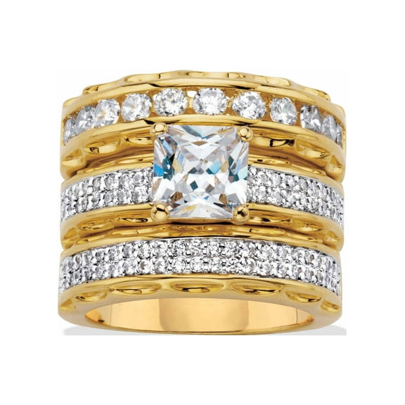 PalmBeach Jewelry Yellow Gold-Plated or Silvertone Princess Cut Cubic Zirconia 2 Piece Bridal Ring Set with Anniversary Band