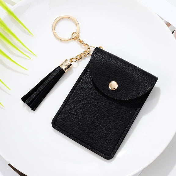 FONDOTIN Stylish Small Card Holder Wallet with Keyring and Tassel, Black Credit Card Purse for Men and Women