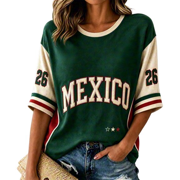 Mexico 2026 Soccer Cup Fan Jersey for Women, Round Neck Three-Quarter Sleeve T-Shirt with Vintage Floral & Letter Print, Breathable Casual Sports Tee Pullover Top, 1 PC Army Green L