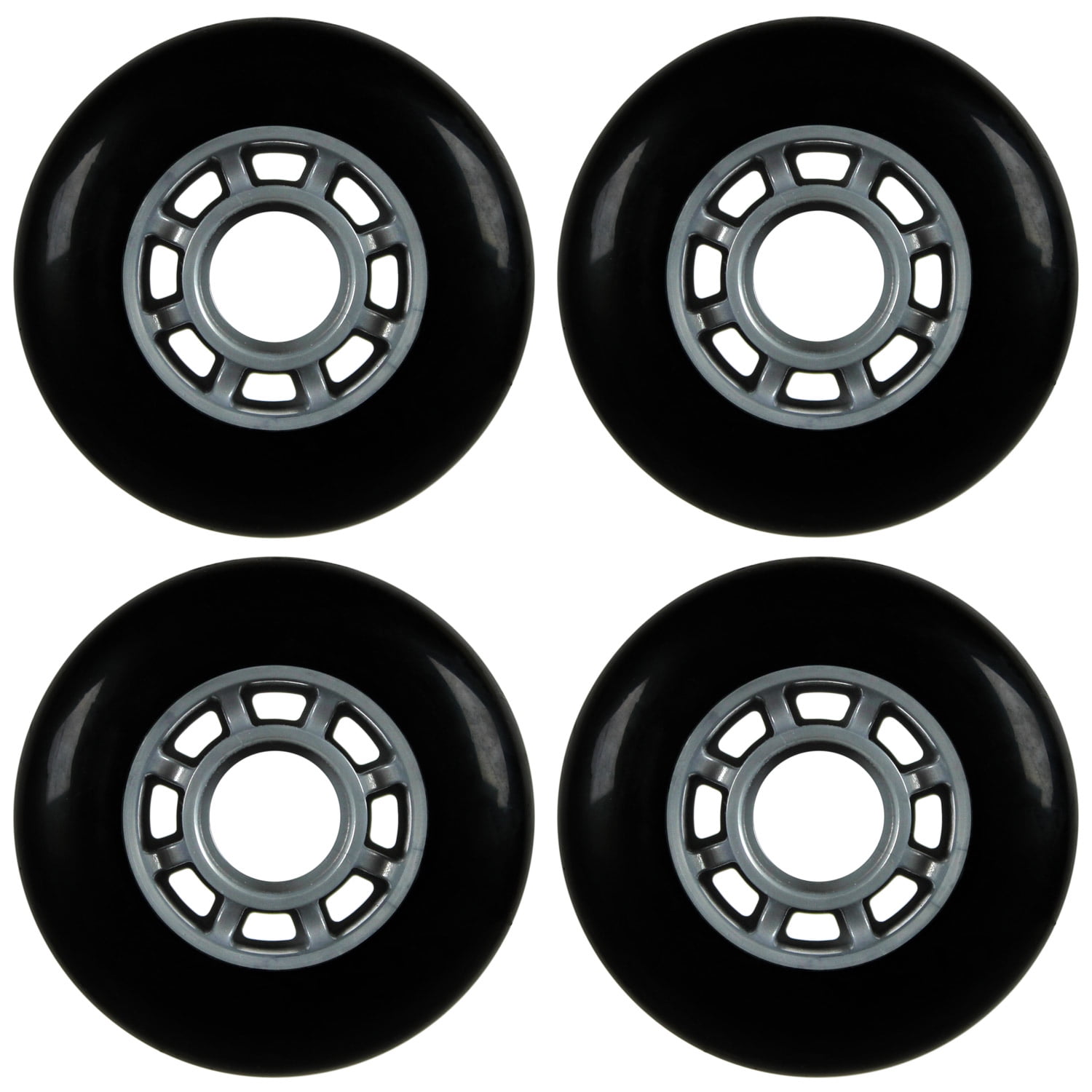 Inline Skate Replacement Wheels Silver/Black 77mm 76A 8Spoke 4 Pack