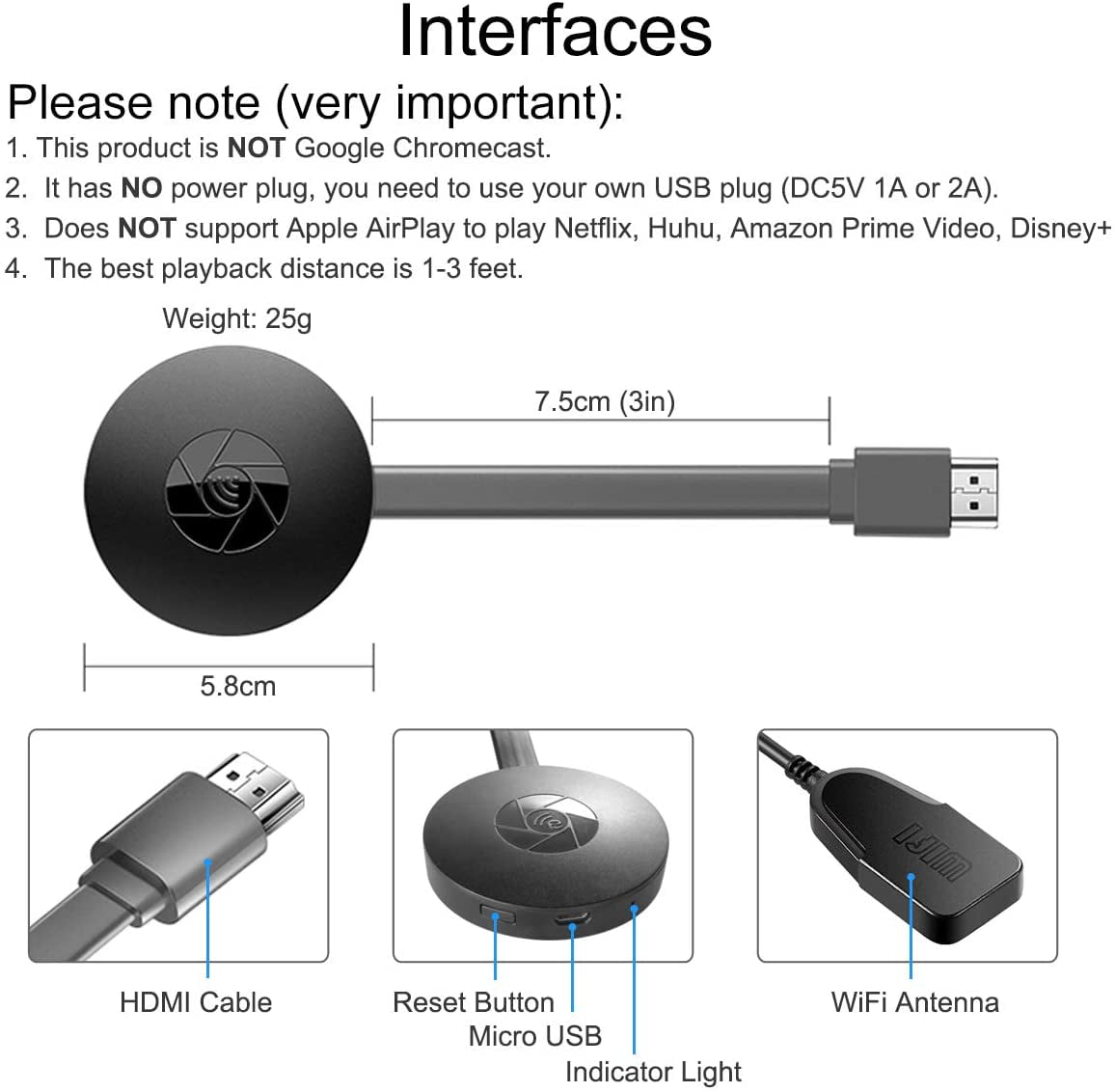 Dongle HDMI inalámbrico compatible con Miracast Airplay DLNA Adaptador de pantalla 4K Streaming Wifi Receptor de video HDMI para phone/Pad/OS/Android/Windows/PC a HD TV/Monitor/Proyector/Mac 
