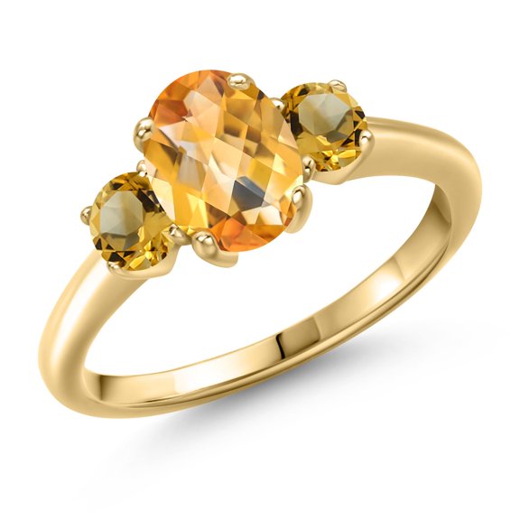 Gem Stone King 1.76 Ct Oval Checkerboard Yellow Citrine 18K Yellow Gold Plated Silver Ring
