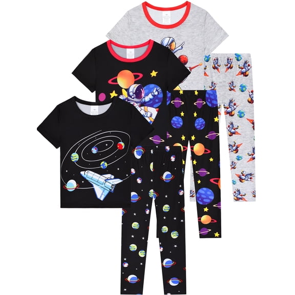 QEFJNO 3-12Y Kid Boys Rocket Planet Pajamas Little Big Boys Sleepwear Short Sleeves and Pants 2 Pieces Summer Pjs Set