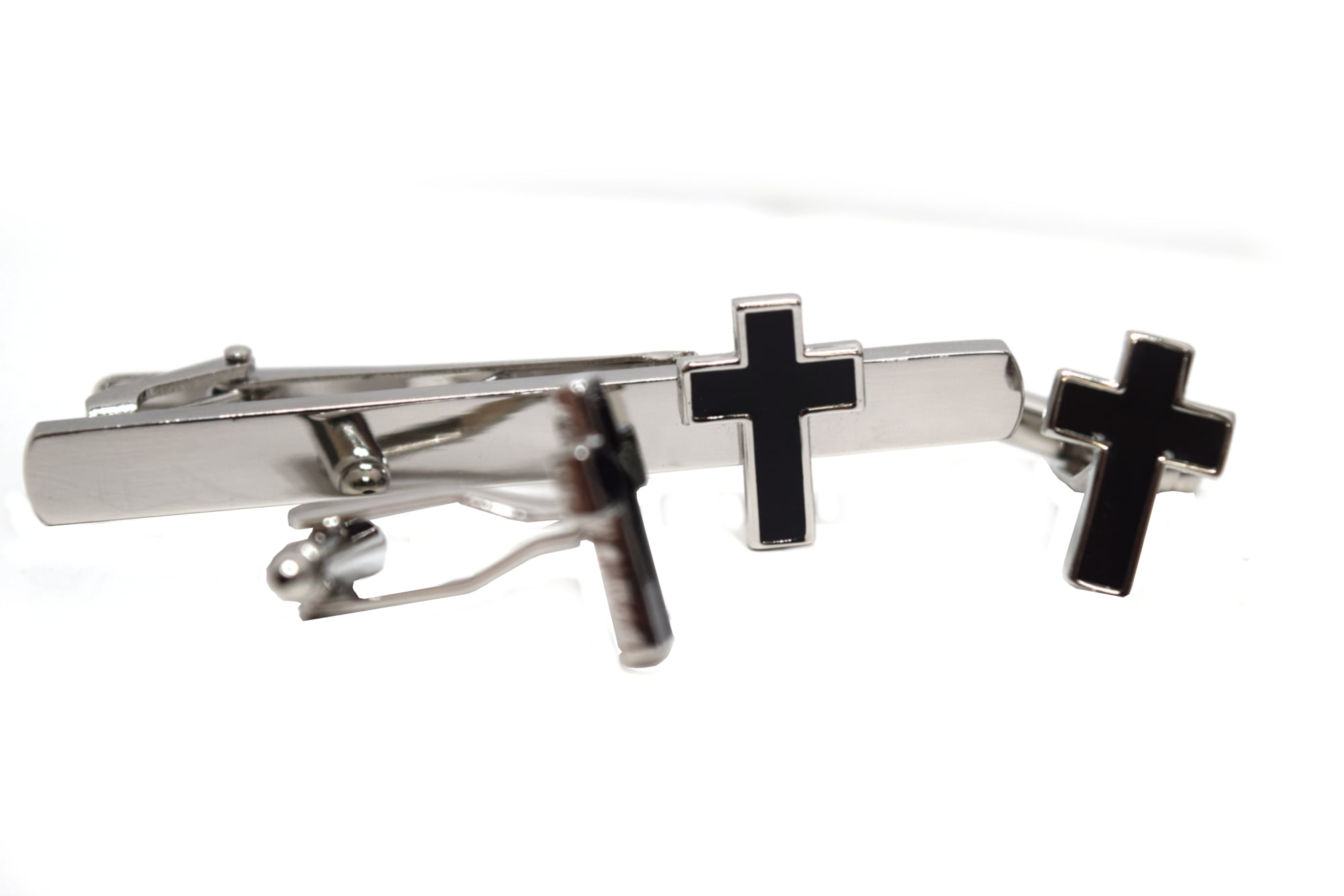 Christian Cross Silvertone Cufflinks and Tie Bar Clip Stickpin With Cross, CLS-01