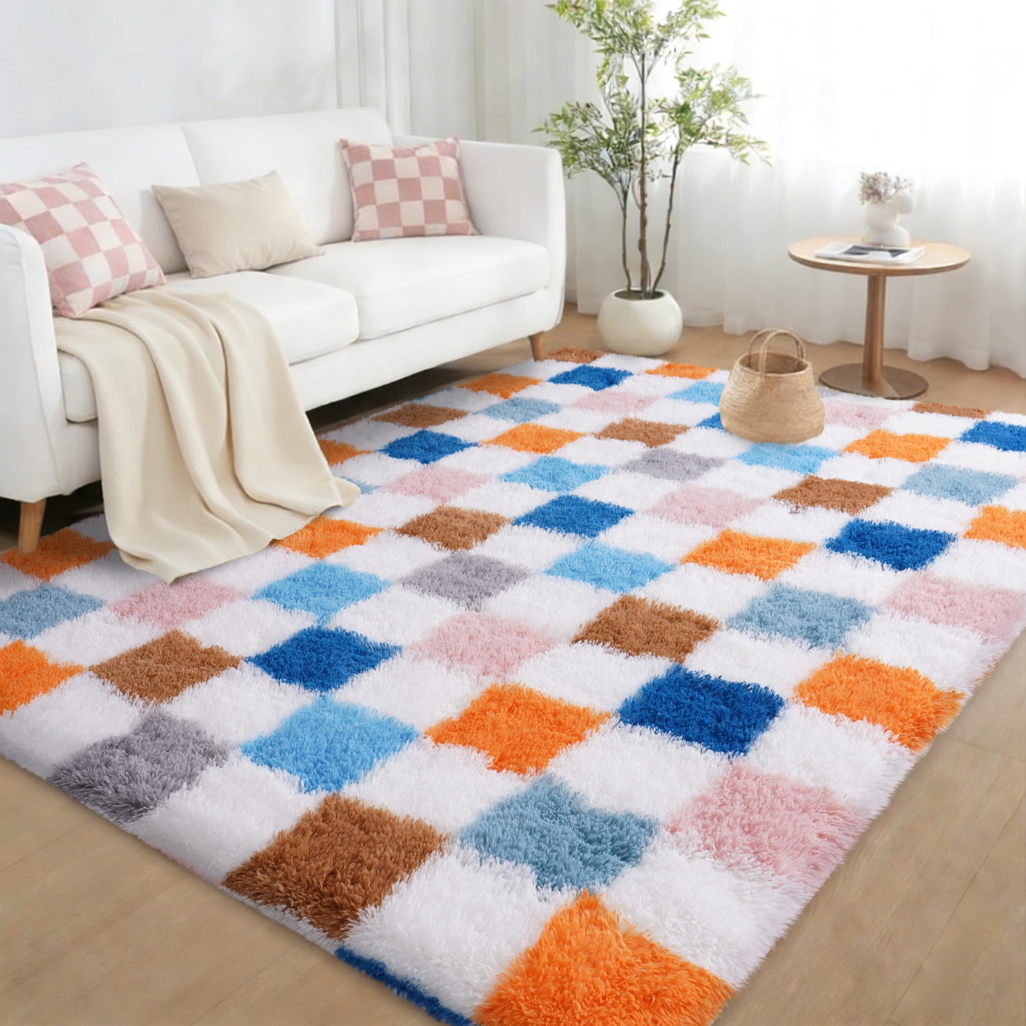 ZENELESS Fluffy Checkered Rug,5x7 Multicolor Soft Fuzzy Shag Shaggy Carpet for Living Room Bedroom Kids Room, Dorm Home Decor