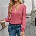 thumbnail image 6 of ATOYSOY Outwear Fall Solid Color Tops Casual Cotton Linen Deep V Neck Pullovers Trendy Long Sleeve Tees Loose Shirts for Women Pink L, 6 of 8