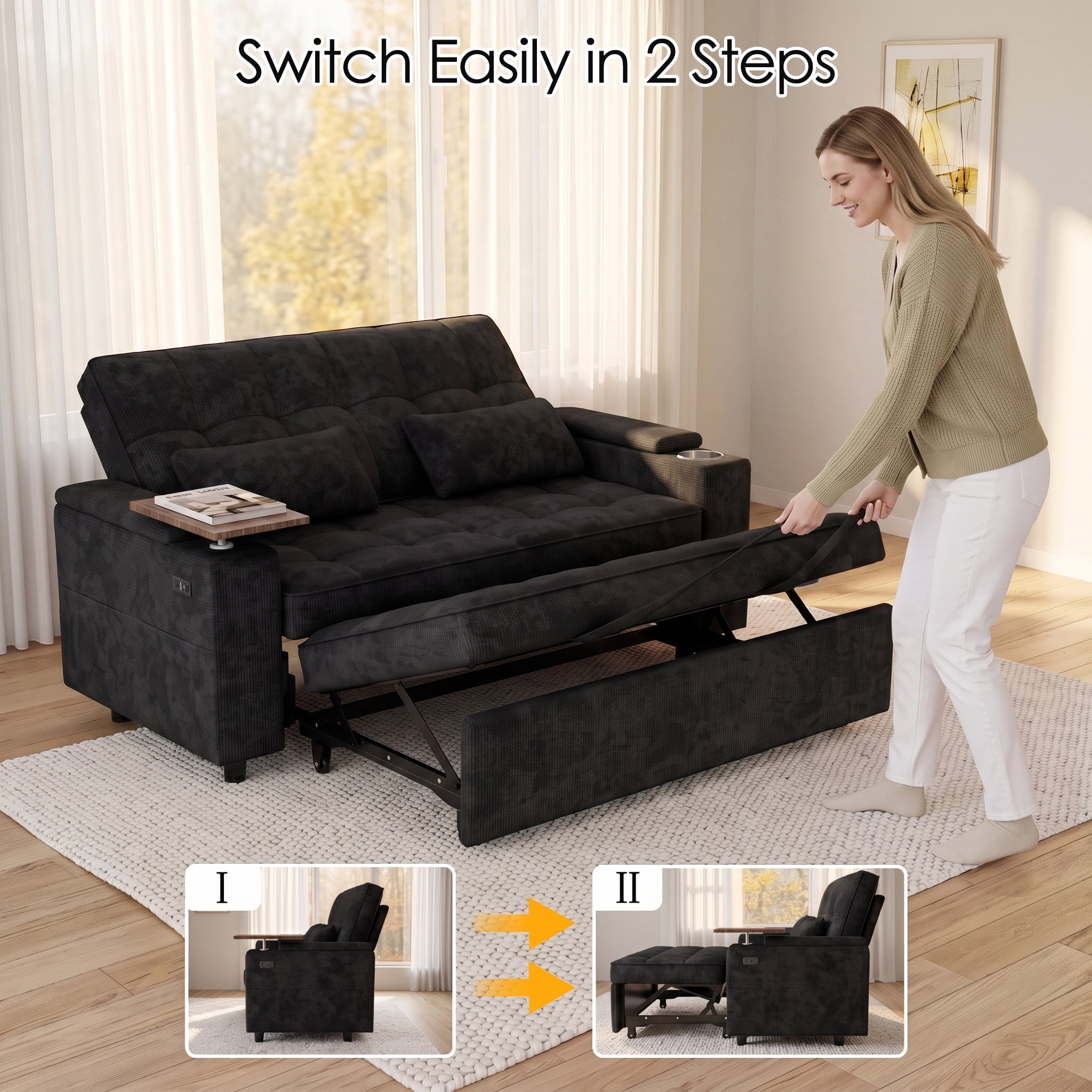 Xiweot 65" Sleeper Sofa Bed, 3-in-1 Convertible Chenille Futon Couch, Loveseat Sofa with Adjustable Backrest, Pull out Couch with Storage Armrest, Table & Pillows for Living Room Apartment (Black)
