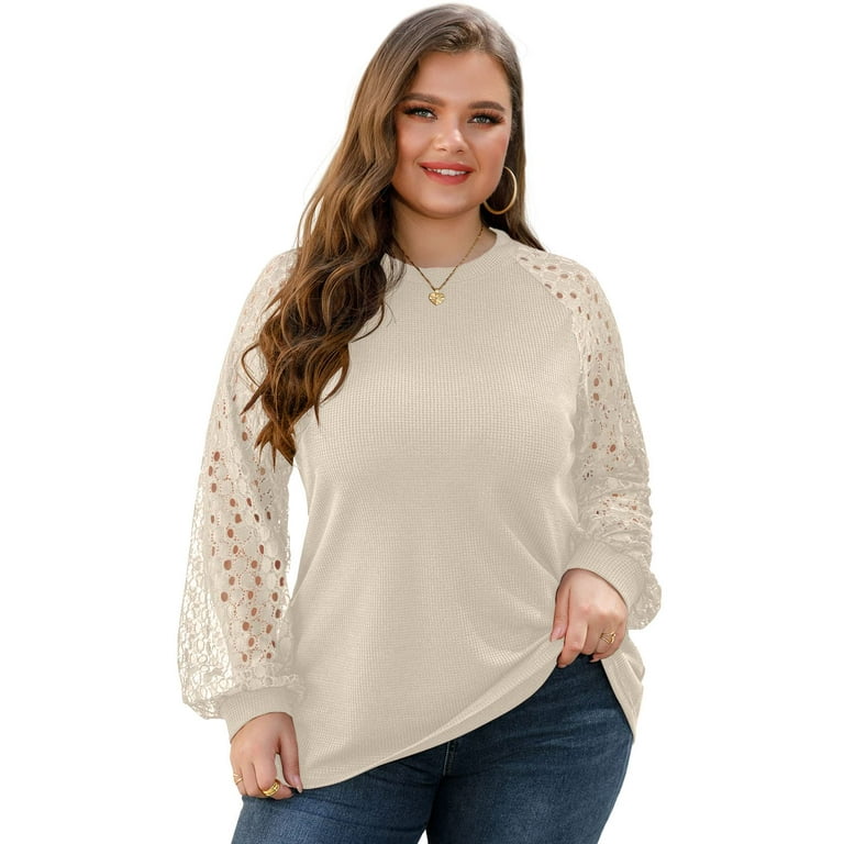 JWD Plus Size Tops For Women Summer Blouse Waffle Knit Short Lace