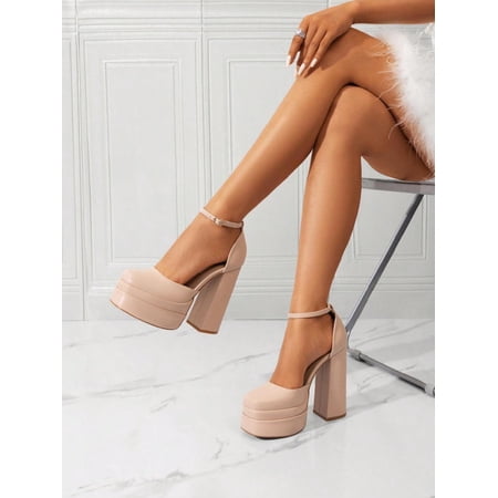 Women High Chunky Platform Closed Toe Block Heels Square Toe Ankle Strap Dress Wedding Party Festival Prom Pumps Shoes