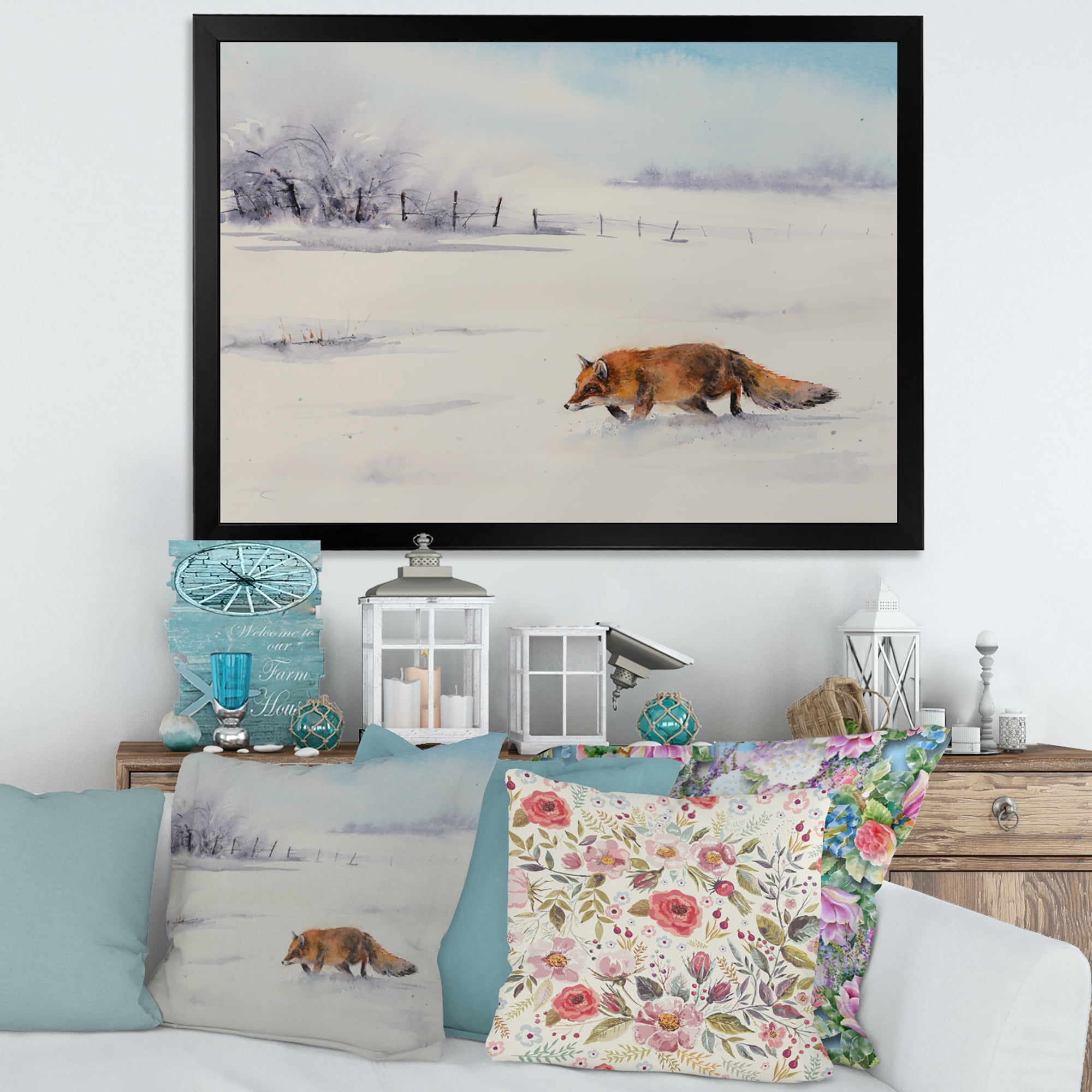 Designart 'Red Fox Running In White Snow in Countryside I' Farmhouse Framed Art Print