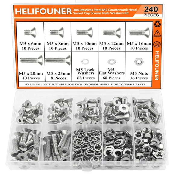 HELIFOUNER 240 Pieces M5 x 6mm /8mm /10mm /12mm /16mm /20mm /25mm, Countersunk Head Socket Cap Screws Bolts Washers Nuts Kit, 304 Stainless Steel