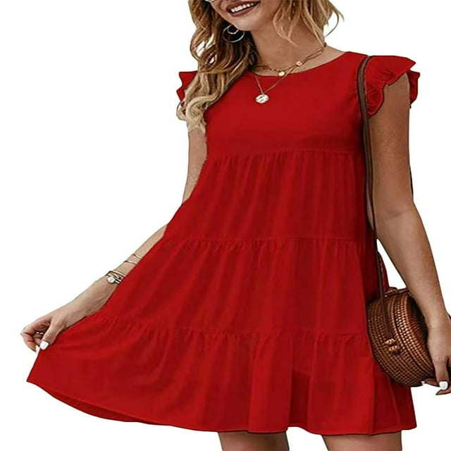 Women Casual Ruffle Sleeve Dresses Summer Solid Color Neck Cute Beach Dress Loose Swing Pleated Mini Dress