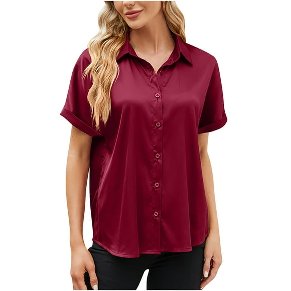 Holiday Savings! Cameland Women's Casual Solid Color Satin Lapel Loose Button Short Sleeved Top