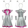 thumbnail image 2 of QQAMB Alien Costume for Girls Shiny Metallic Cap Sleeve Pleated Casual Dress Theme Party Fancy Dress, 2 of 5